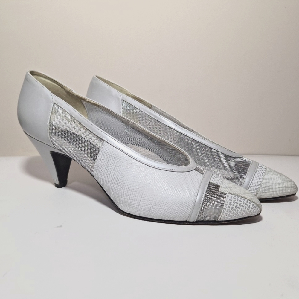 Vintage Early Stuart Weitzman 80s 90s Silver Mesh & White Leather Pumps 9